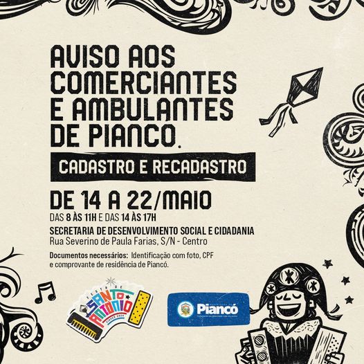 Prefeitura dá início a cadastro de ambulantes que atuarão durante as festividades do padroeiro Santo Antonio em Piancó; confira datas