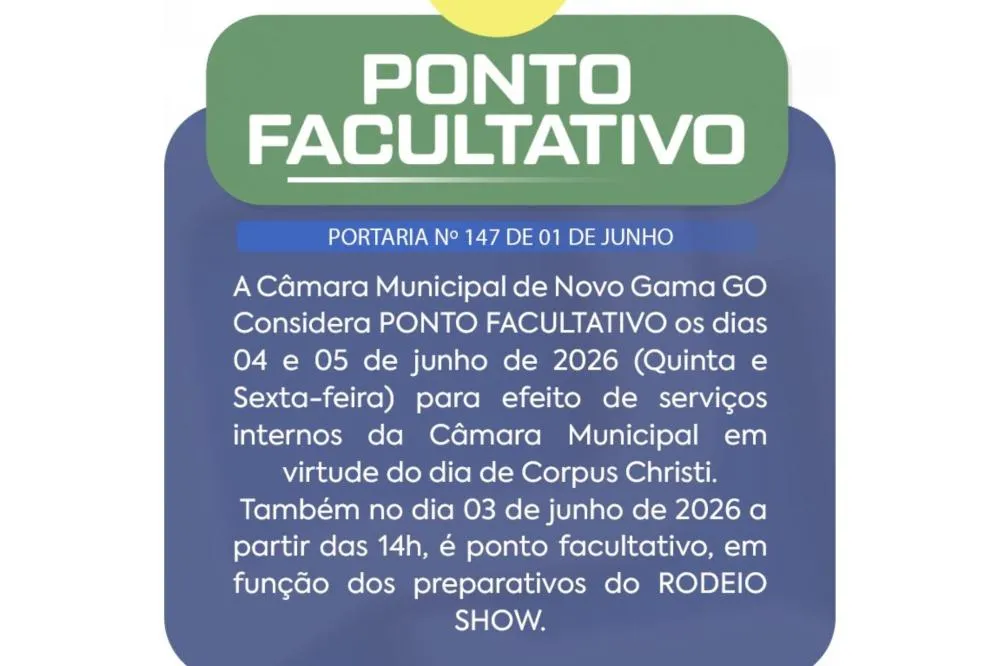 Câmara Municipal de Novo Gama decreta ponto facultativo para início de junho